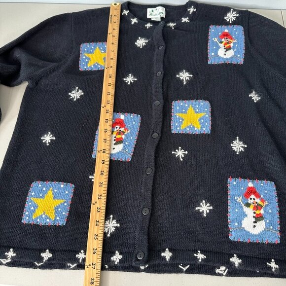 Vtg The Quacker Factory Snowman Cardigan Sweater 1X Black Patchwork Stars - Picture 5 of 7